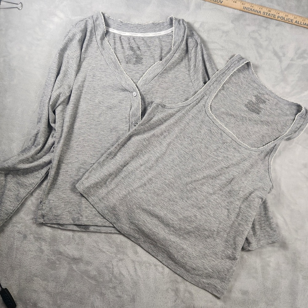 Live2Lounge Grey Picot Ribbed 2-Piece Pajama Top Set Large Cozy Chic Loungewear